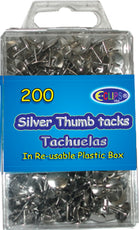 Thumb tacks, Silver, 200 ct., Reusable Box, Case Pack of 48 , Ideal for Bulk Buyers