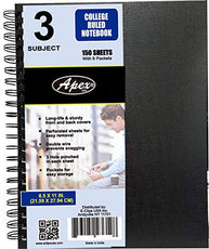 Poly cover 3 subject notebook 150 Sheets w/6 pockets,double wire,College Ruled,Pack of 24,