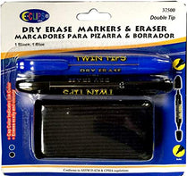 Whiteboard Markers, double tip: Chisel & Bullet, 2 pk, Blue & Black ink+ Eraser, Case Pack of 24