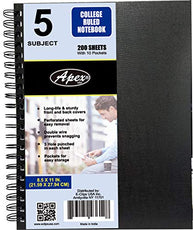 Poly cover 5 subject notebook 200 Sheets w /10 pockets, double wire, College Ruled, Case Pack of 16,