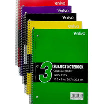 Premium 3 Subject Spiral Notebook College Ruled 120ct , Asst Colors, Case Pack of 24 , Ideal for Bulk Buyers