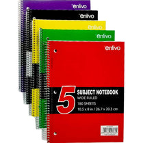 Premium 5 Subject Spiral Notebook Wide Ruled 180ct. ast. Colors, Made in Indonesia, Case Pack of 18, Ideal for Bulk Buyers